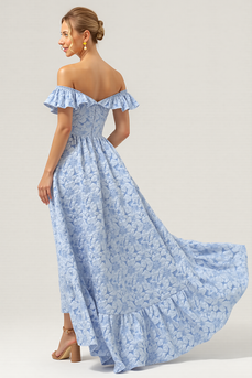 Blue Off the Shoulder Floral Maxi A Line Bridesmaid Dress with Ruffles