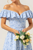 Load image into Gallery viewer, Blue Off the Shoulder Floral Maxi A Line Bridesmaid Dress with Ruffles