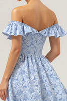 Load image into Gallery viewer, Blue Off the Shoulder Floral Maxi A Line Bridesmaid Dress with Ruffles