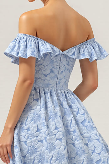 Blue Off the Shoulder Floral Maxi A Line Bridesmaid Dress with Ruffles