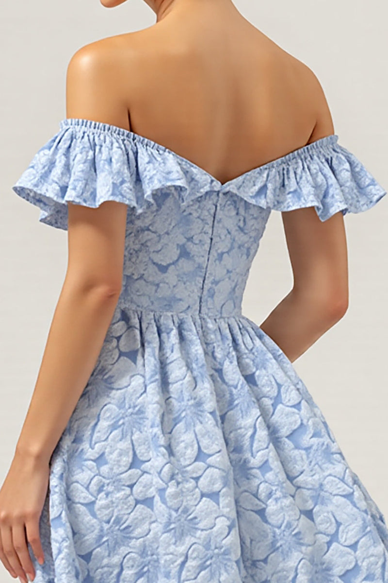 Load image into Gallery viewer, Blue Off the Shoulder Floral Maxi A Line Bridesmaid Dress with Ruffles