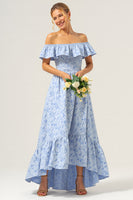 Load image into Gallery viewer, Blue Off the Shoulder A Line Floral High-Low Bridesmaid Dress with Ruffles