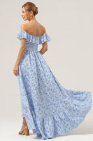 Load image into Gallery viewer, Blue Off the Shoulder A Line Floral High-Low Bridesmaid Dress with Ruffles