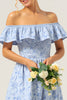 Load image into Gallery viewer, Blue Off the Shoulder A Line Floral High-Low Bridesmaid Dress with Ruffles
