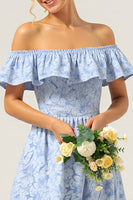 Load image into Gallery viewer, Blue Off the Shoulder A Line Floral High-Low Bridesmaid Dress with Ruffles