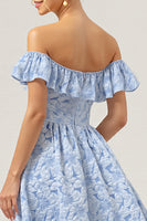 Load image into Gallery viewer, Blue Off the Shoulder A Line Floral High-Low Bridesmaid Dress with Ruffles