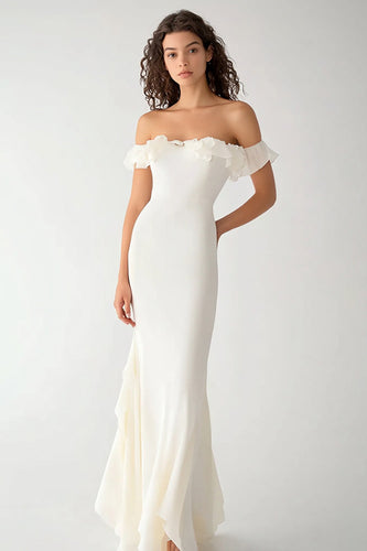 White Chiffon Long Mermaid Engagement Dress with Ruffles