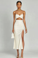 Load image into Gallery viewer, Ivory Two Piece Satin Long Engagement Dress with Slit