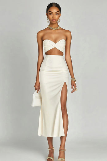 Ivory Two Piece Satin Long Engagement Dress with Slit