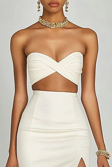 Ivory Two Piece Satin Long Engagement Dress with Slit