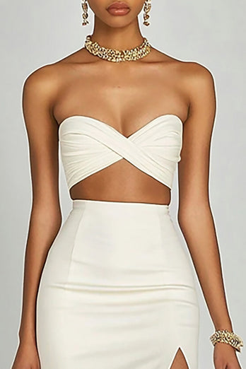Ivory Two Piece Satin Long Engagement Dress with Slit