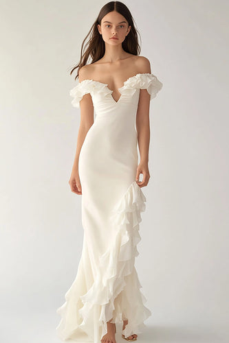 Ivory Long Satin Engagement Dress with Ruffles