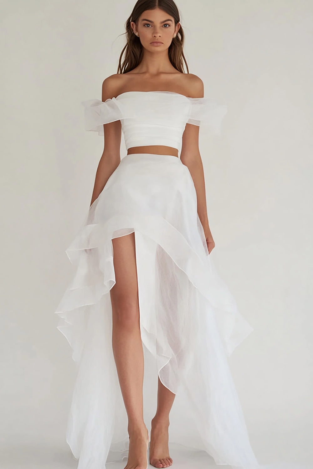 White Two Piece Organza Asymmetrical Engagement Dress with Slit