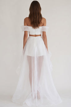 White Two Piece Organza Asymmetrical Engagement Dress with Slit