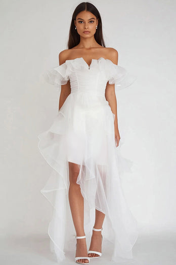 White Organza High-Low Graduation Dress with Ruffles