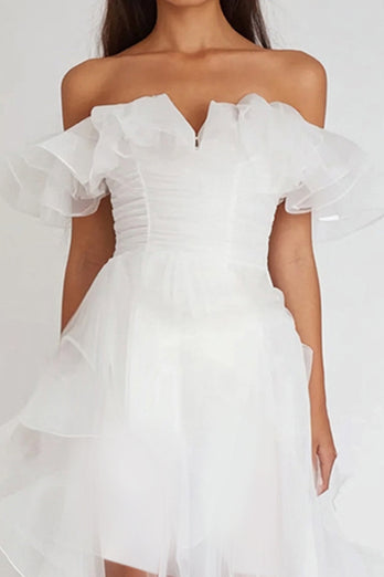 White Organza High-Low Graduation Dress with Ruffles