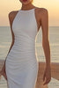 Load image into Gallery viewer, White Satin Round Neck Ruched Mermaid Boho Wedding Dress