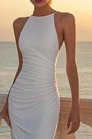 Load image into Gallery viewer, White Satin Round Neck Ruched Mermaid Boho Wedding Dress