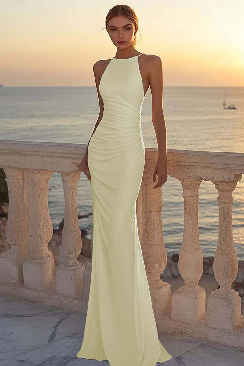 Load image into Gallery viewer, White Satin Round Neck Ruched Mermaid Boho Wedding Dress