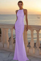 Load image into Gallery viewer, White Satin Round Neck Ruched Mermaid Boho Wedding Dress