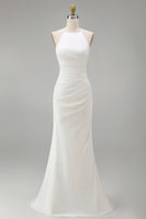 Load image into Gallery viewer, White Satin Round Neck Ruched Mermaid Boho Wedding Dress
