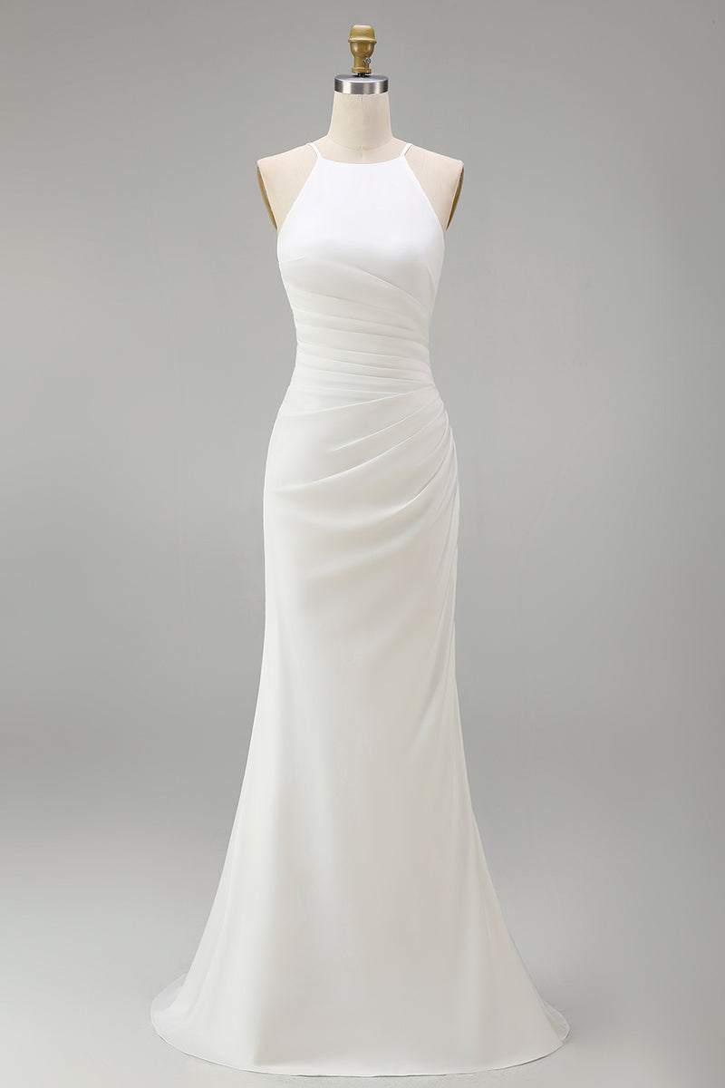 Load image into Gallery viewer, White Satin Round Neck Ruched Mermaid Boho Wedding Dress