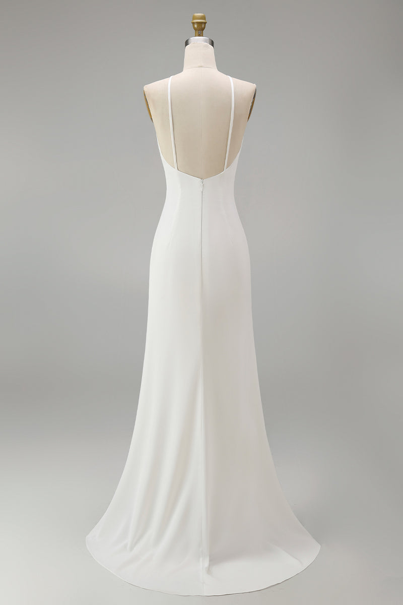 Load image into Gallery viewer, White Satin Round Neck Ruched Mermaid Boho Wedding Dress