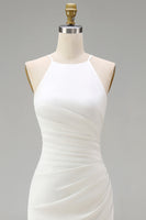Load image into Gallery viewer, White Satin Round Neck Ruched Mermaid Boho Wedding Dress