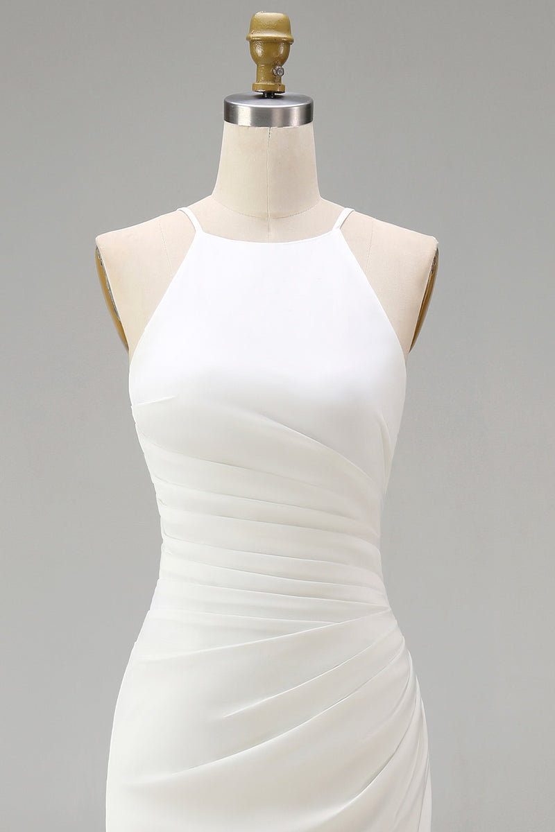 Load image into Gallery viewer, White Satin Round Neck Ruched Mermaid Boho Wedding Dress