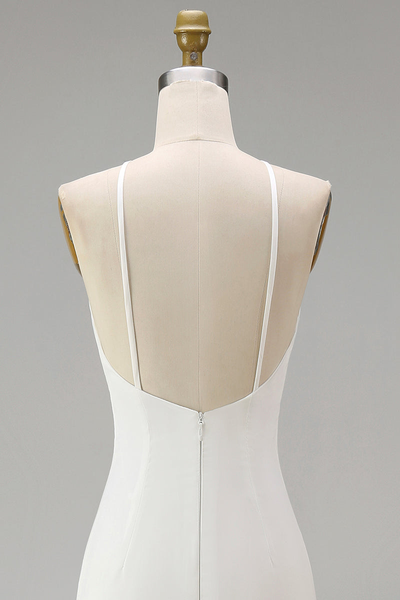 Load image into Gallery viewer, White Satin Round Neck Ruched Mermaid Boho Wedding Dress