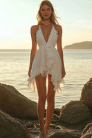Load image into Gallery viewer, Women Ivory Chiffon Boho Short Wedding Dress with Ruffles Halter A Line Graduation Dress