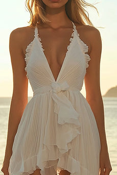 Ivory Chiffon Short Halter A Line Boho Dress with Ruffles