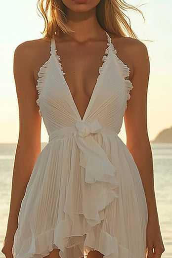 Ivory Chiffon Short Halter A Line Boho Dress with Ruffles