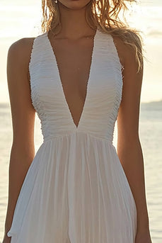White Chiffon High-Low V Neck A Line Boho Dress