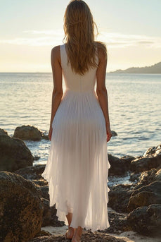 White Chiffon High-Low V Neck A Line Boho Dress