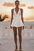 Load image into Gallery viewer, White Satin Short V Neck A Line Graduation Dress