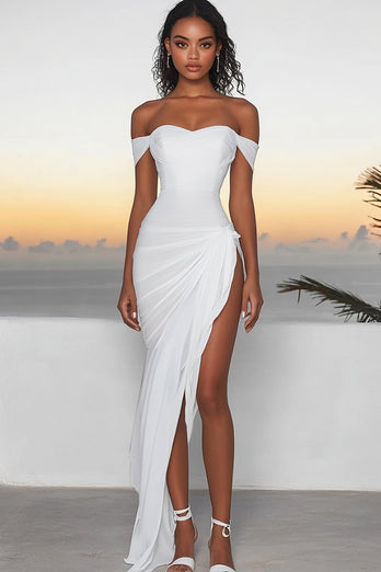 White Chiffon Off The Shoulder Asymmetrical Engagement Dress