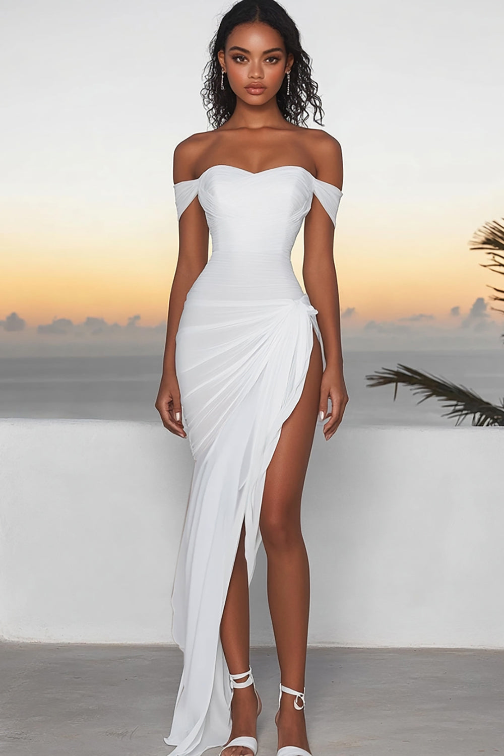 White Chiffon Off The Shoulder Asymmetrical Engagement Dress
