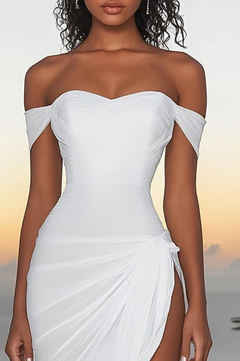 White Chiffon Off The Shoulder Asymmetrical Engagement Dress