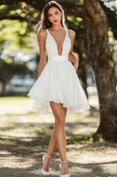 Load image into Gallery viewer, White Chiffon Short V Neck A Line Graduation Dress