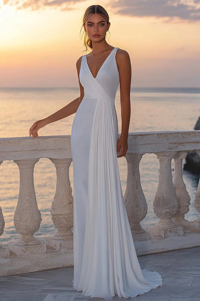 White Chiffon V Neck Sheath Boho Wedding Dress with Pleats