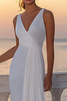 Load image into Gallery viewer, White Chiffon V Neck Sheath Boho Wedding Dress with Pleats