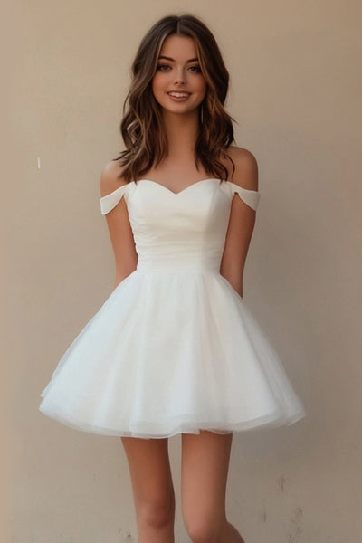 White Tulle Off The Shoulder A Line Short Graduation Dress