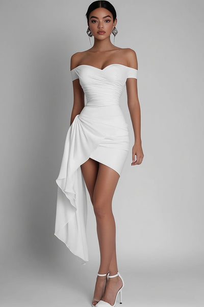 White Satin Short Bodycon Off The Shoulder Graduation Dress