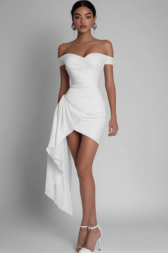 White Satin Short Bodycon Off The Shoulder Graduation Dress