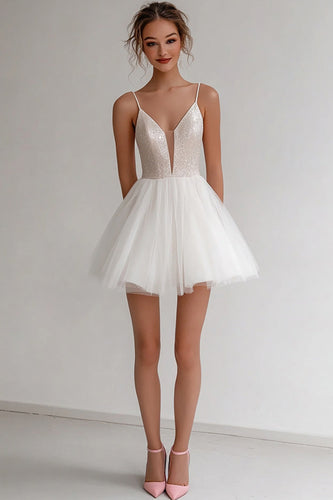 Ivory Spaghetti Straps Short A Line Graduation Dress with Sequins