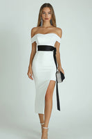 Load image into Gallery viewer, White and Black Satin Midi Mermaid Engagement Dress with Slit