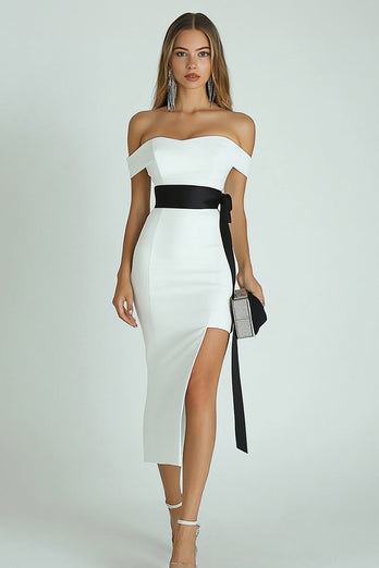 White and Black Satin Midi Mermaid Engagement Dress with Slit