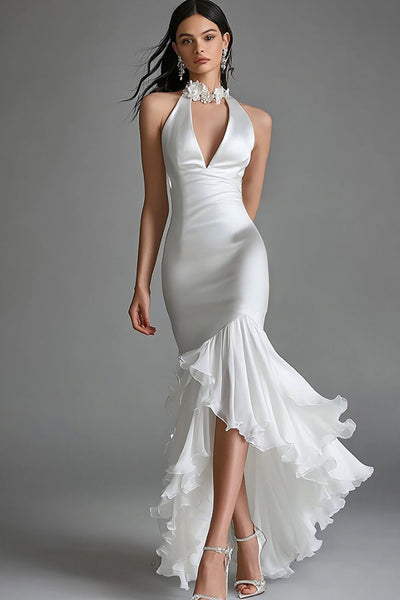 White Satin High Neck High-Low Mermaid Engagement Dress