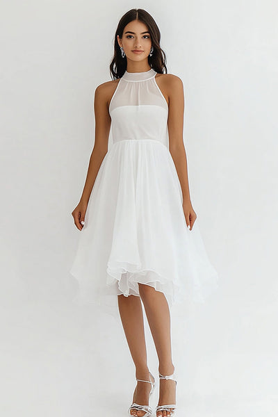 White Chiffon High Neck Midi A Line Graduation Dress